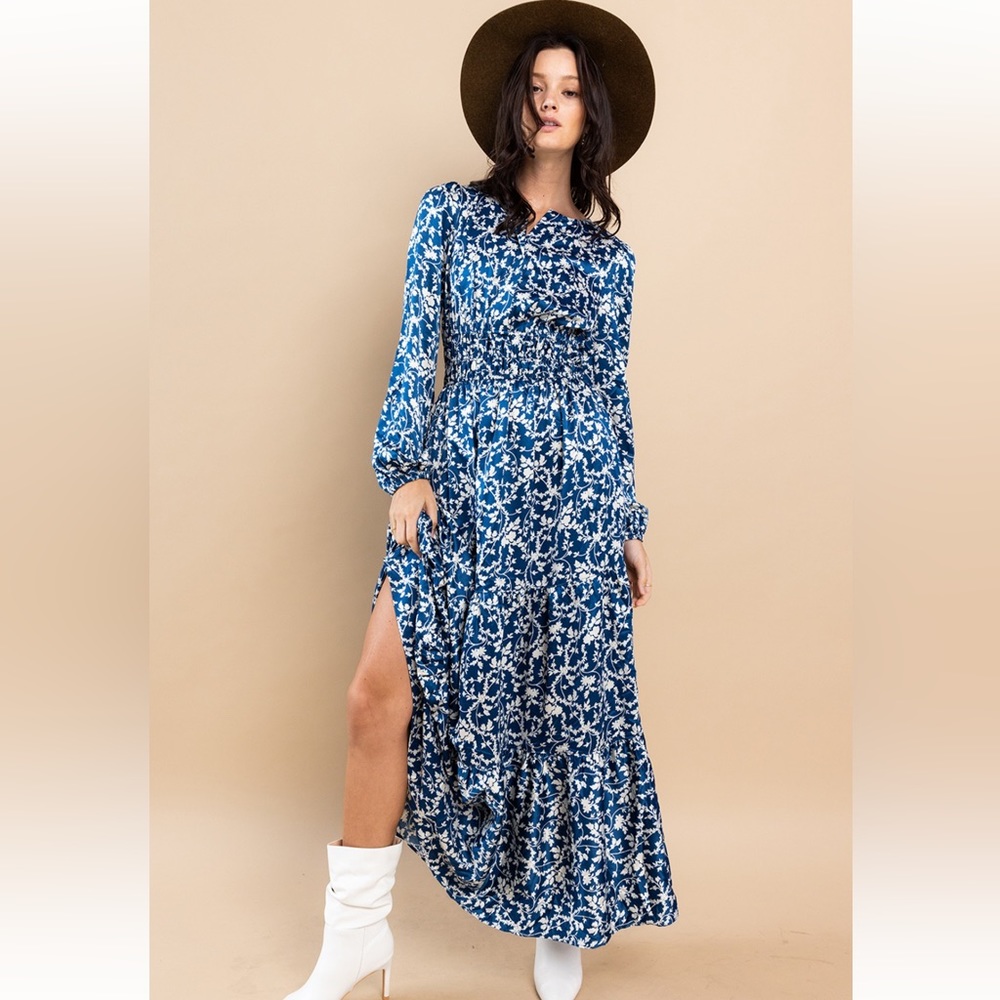 36 Boho Floral Printed Satin Tiered Maxi Dress - Picture 3 of 5
